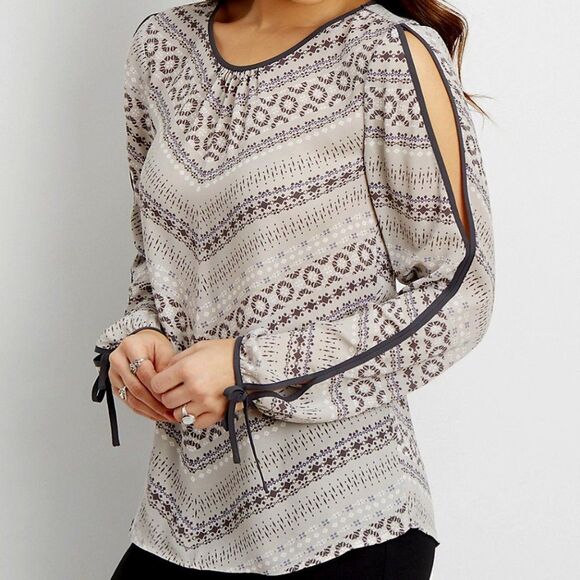 MAURICES Grey and Blue Aztec Print Light Weight Cold Shoulder Blouse, Size S - Picture 1 of 8